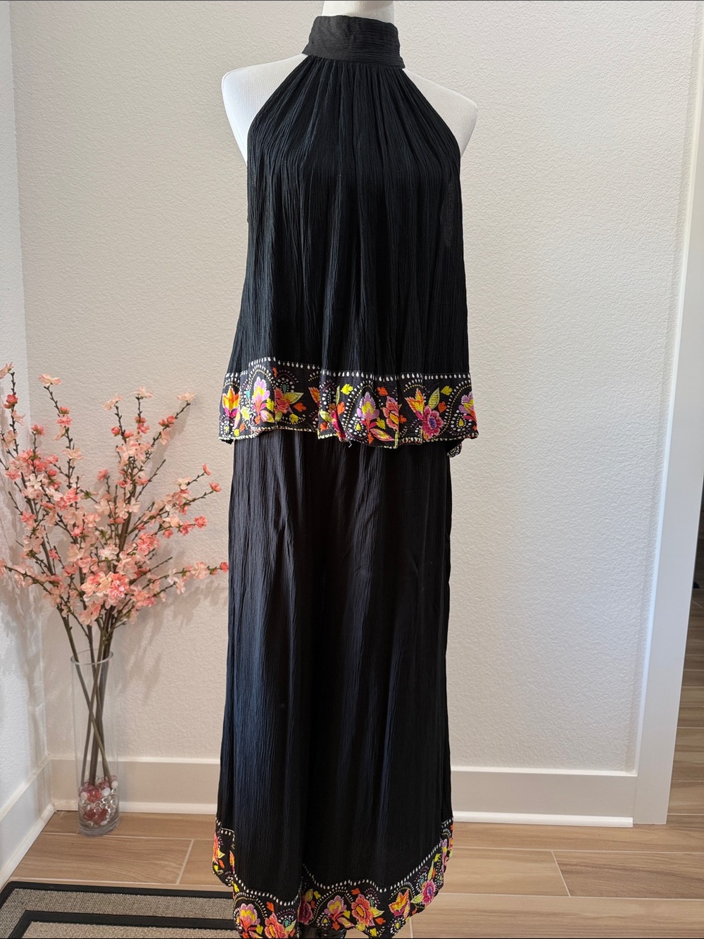 JW 2 piece outfit with Halter Neck Wide Leg pants- Black with floral trim